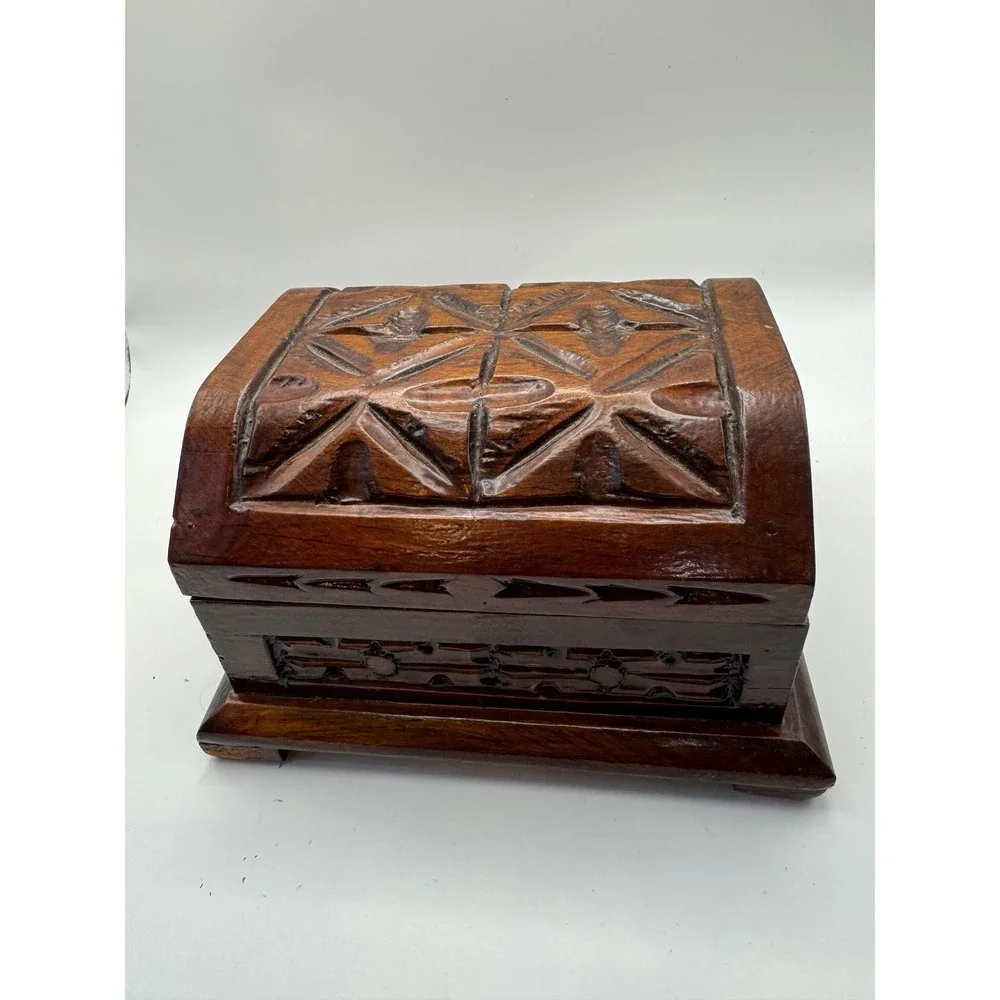 Hand Carved Wooden Jewelry Box Domed Lid Geometric Trinket Keepsake Chest Brown